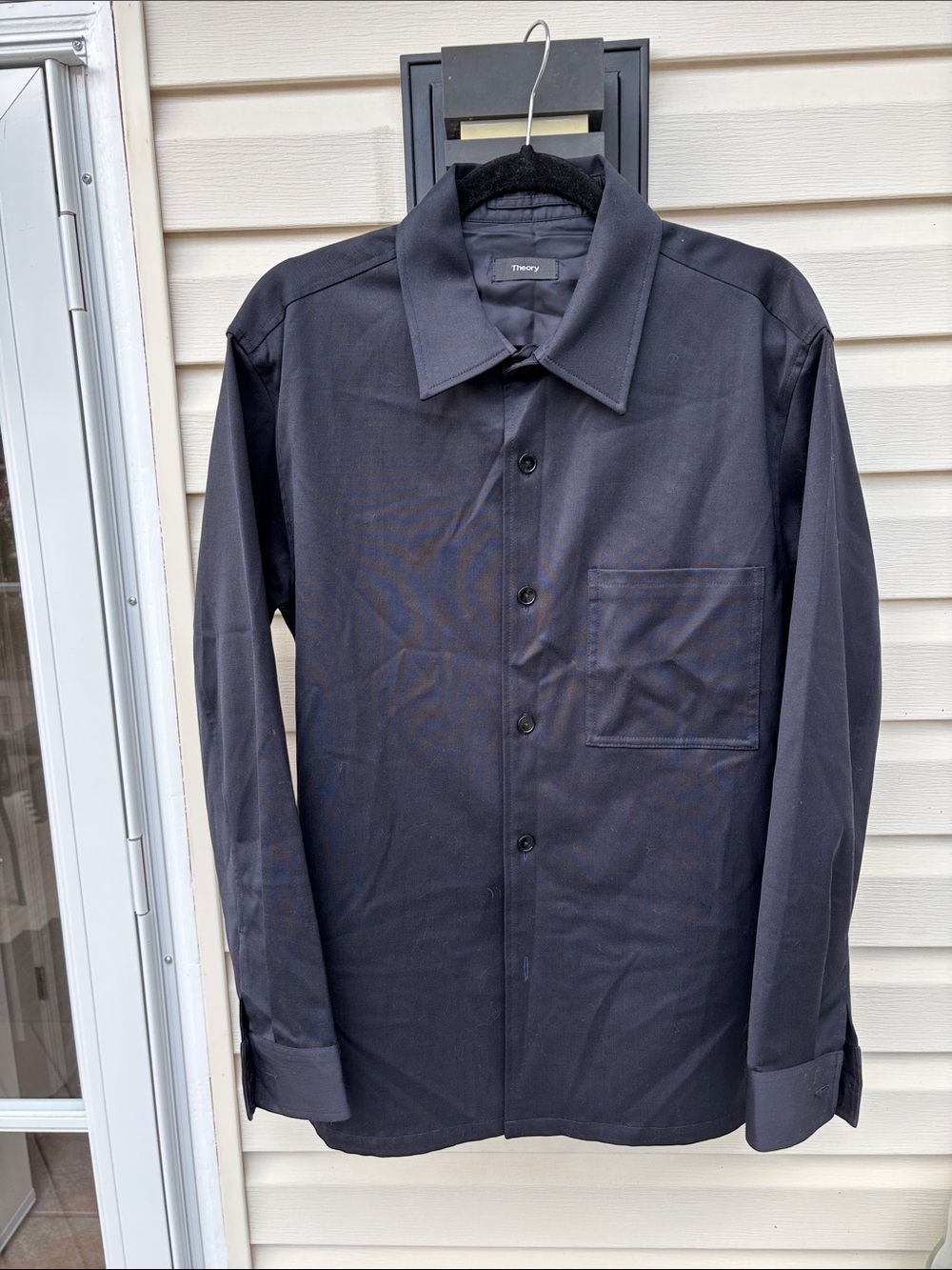 Theory Men's Clyfford 68% Wool Dark Navy Long-Sleeve Button Shirt-M